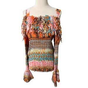 Kaelyn Max II Y2K 2X Cold Shoulder Ruffle Fringe Crinkle Top Multi Color Boho